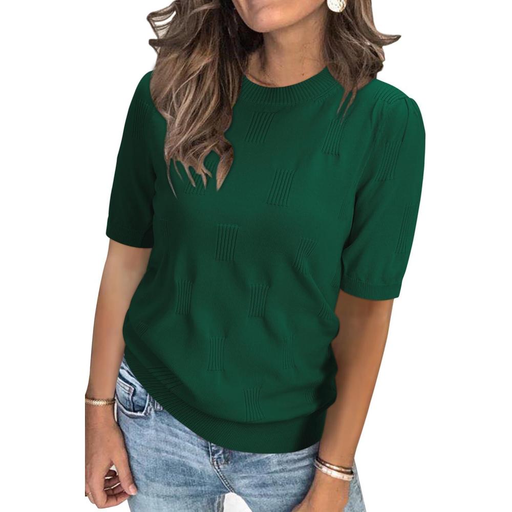 image:imageArachampCloz Womens Lightweight Blouse Short Sleeve Crew Neck Sweaters Business Casual Tops Spring Summer Outfits 2026Green