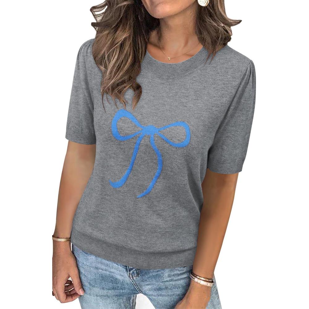 image:imageArachampCloz Womens Lightweight Blouse Short Sleeve Crew Neck Sweaters Business Casual Tops Spring Summer Outfits 2026Greyblue