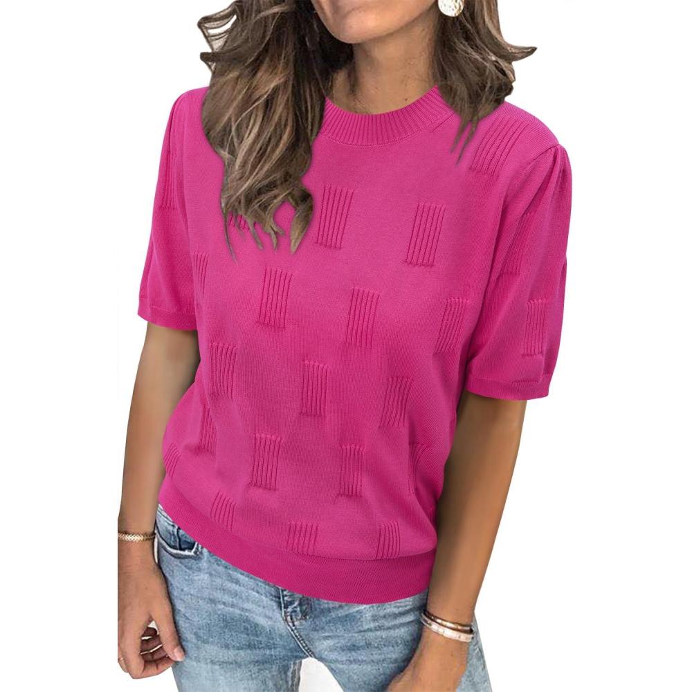 image:imageArachampCloz Womens Lightweight Blouse Short Sleeve Crew Neck Sweaters Business Casual Tops Spring Summer Outfits 2026Hot Pink