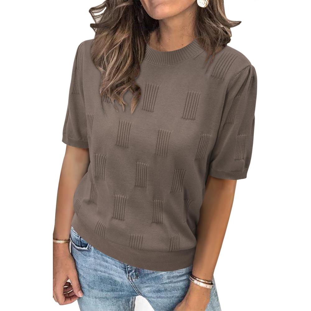 image:imageArachampCloz Womens Lightweight Blouse Short Sleeve Crew Neck Sweaters Business Casual Tops Spring Summer Outfits 2026Nutmeg