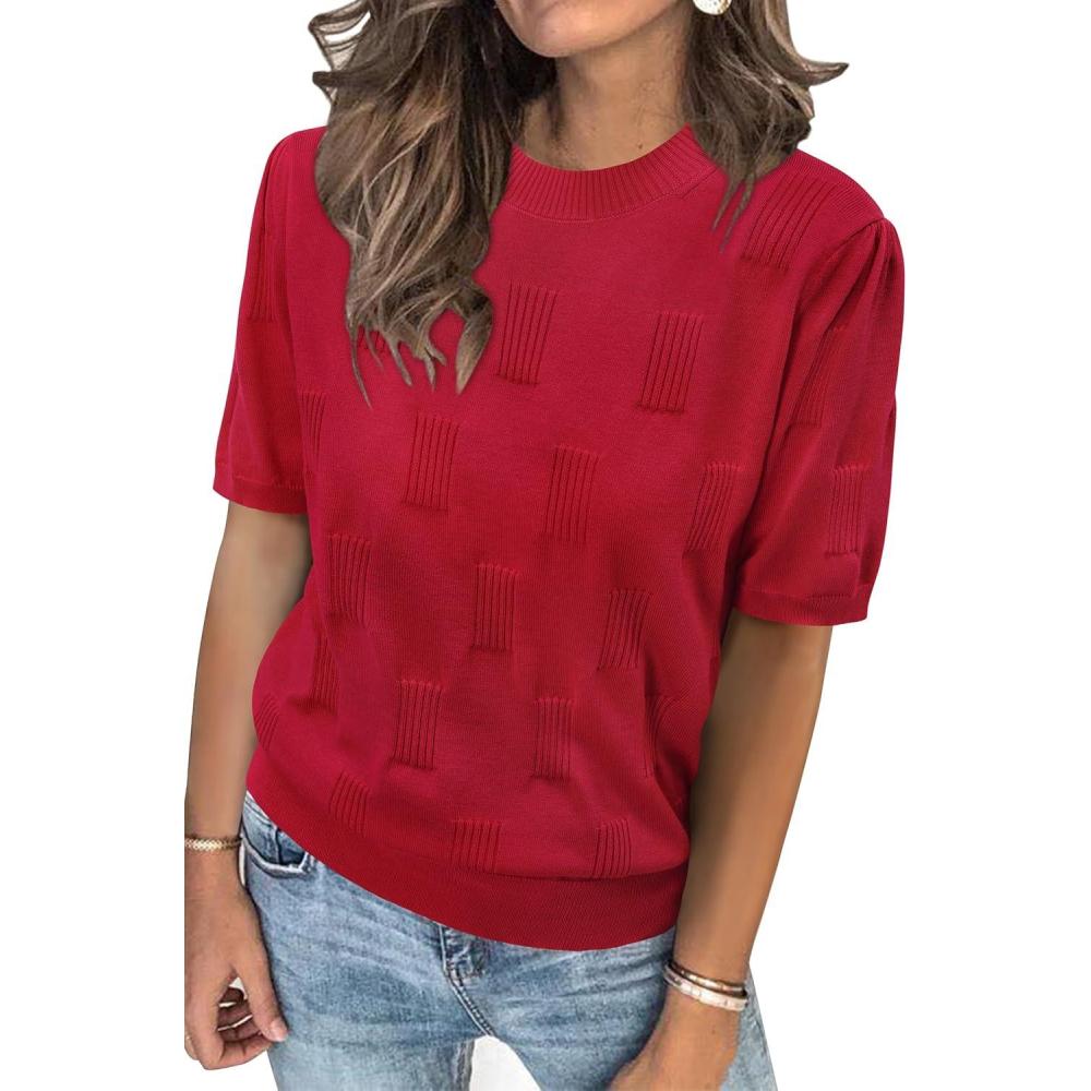 image:imageArachampCloz Womens Lightweight Blouse Short Sleeve Crew Neck Sweaters Business Casual Tops Spring Summer Outfits 2026Red