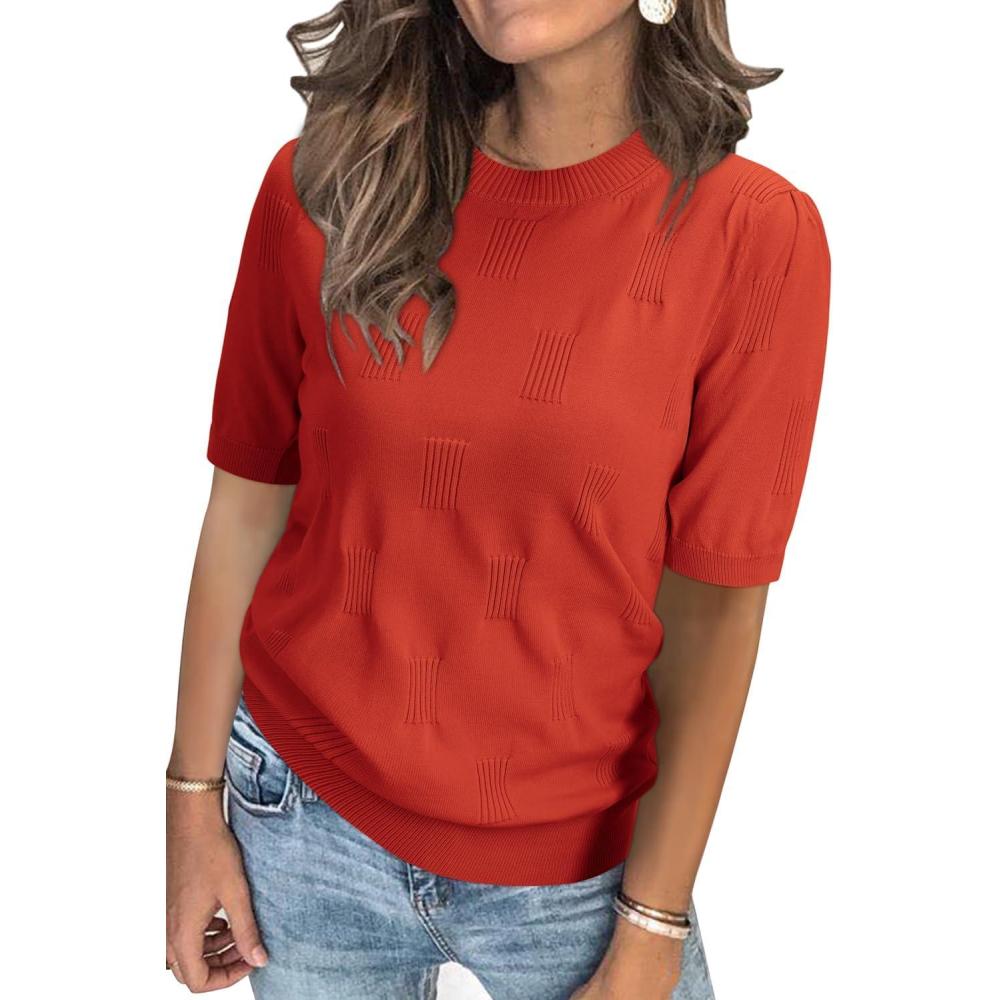image:imageArachampCloz Womens Lightweight Blouse Short Sleeve Crew Neck Sweaters Business Casual Tops Spring Summer Outfits 2026Rust