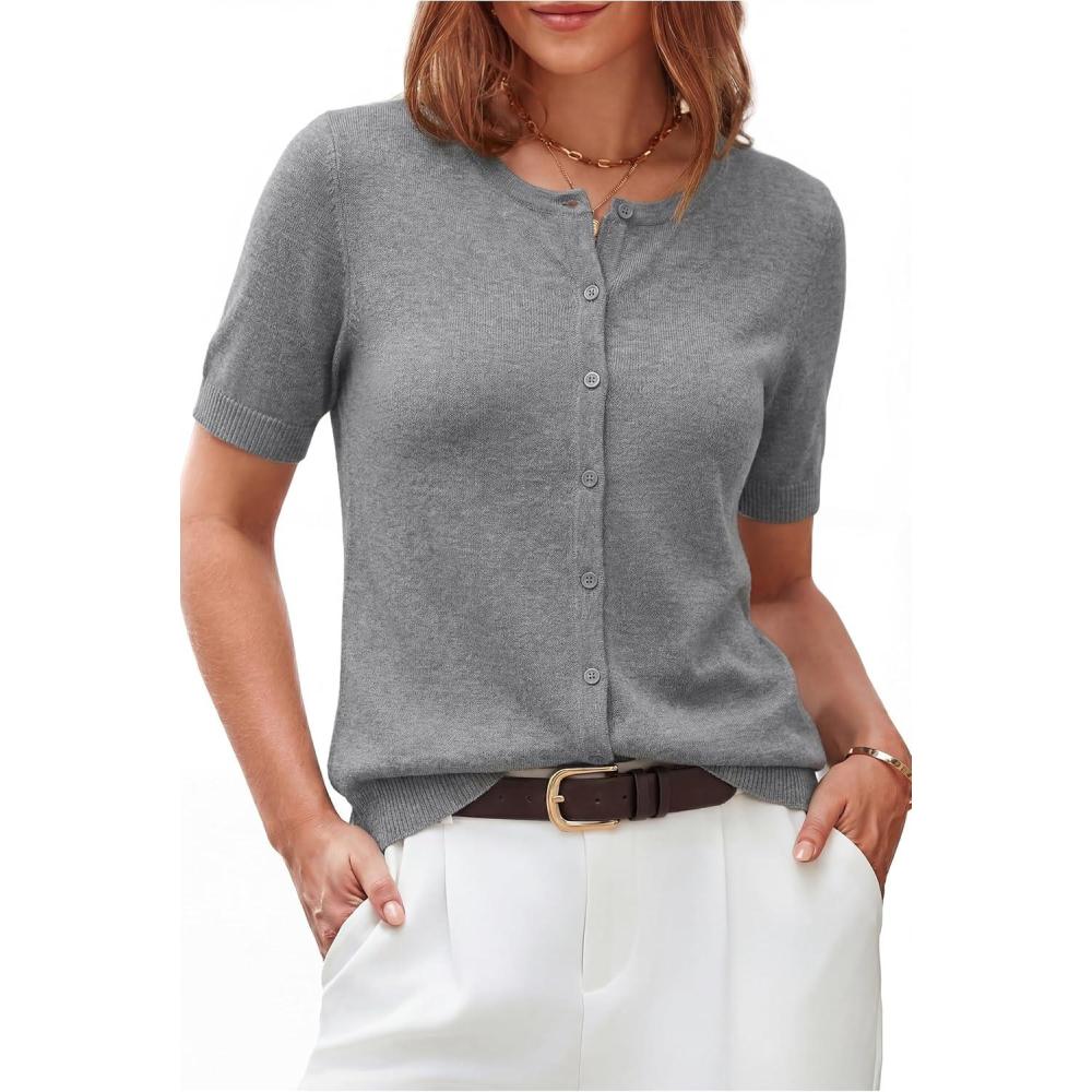 image:imageArachampCloz Womens Lightweight Short Sleeve Business Casual Cropped Cardigan TopsAgrey