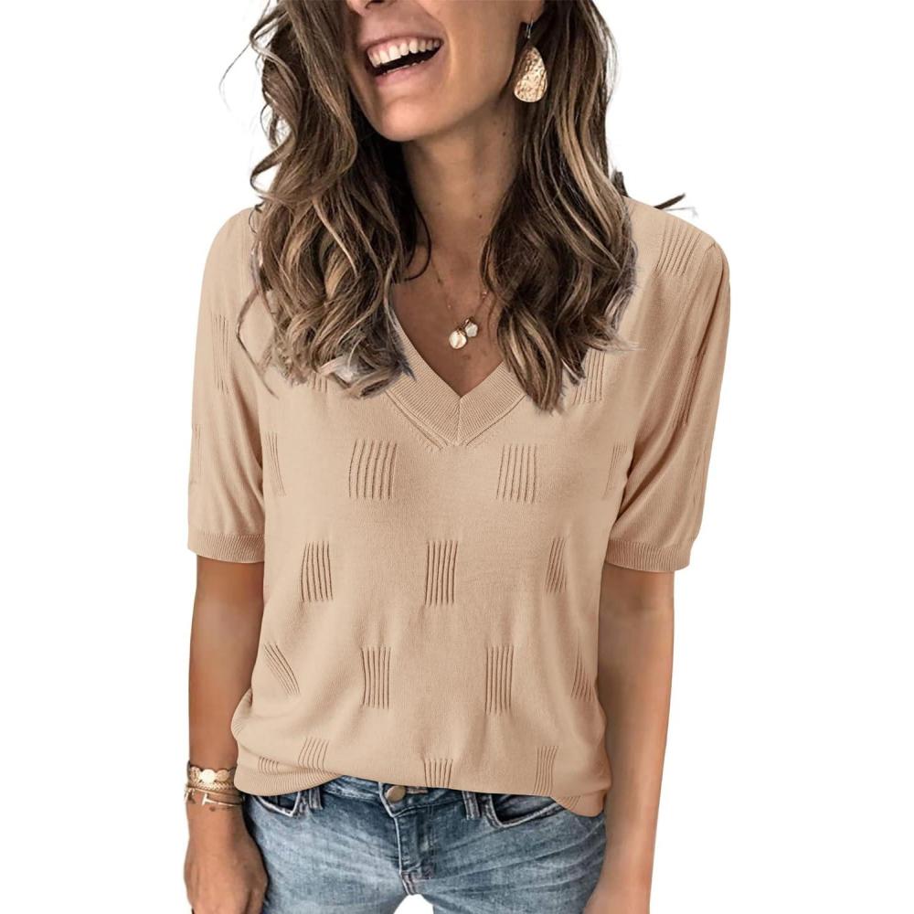 image:imageArachampCloz Womens Lightweight Spring Summer Sweater Tops Casual Short Sleeve Blouses ShirtsAzapricot 02