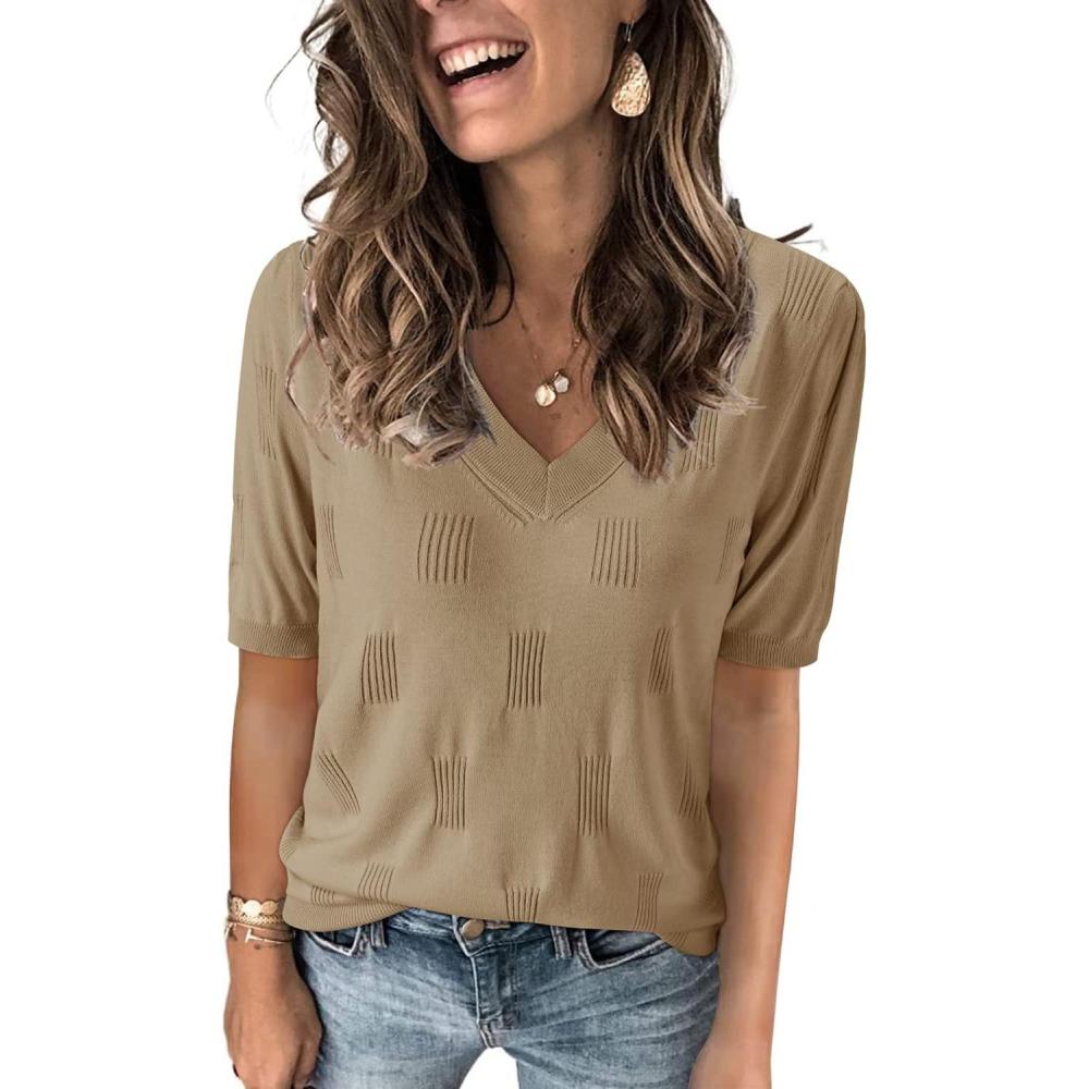 image:imageArachampCloz Womens Lightweight Spring Summer Sweater Tops Casual Short Sleeve Blouses ShirtsAzapricot
