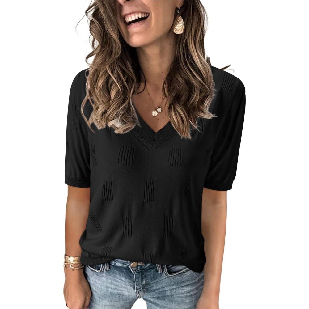 image:imageArachampCloz Womens Lightweight Spring Summer Sweater Tops Casual Short Sleeve Blouses ShirtsAzblack