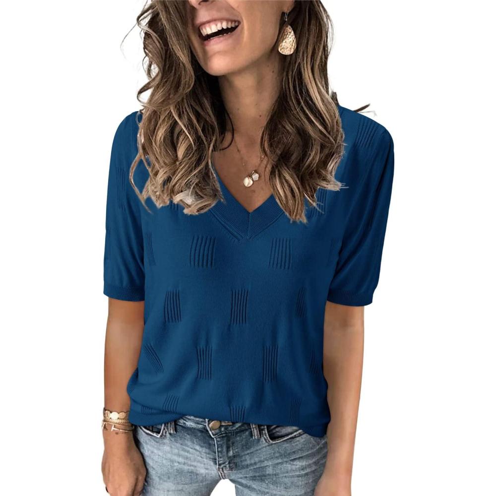 image:imageArachampCloz Womens Lightweight Spring Summer Sweater Tops Casual Short Sleeve Blouses ShirtsAzdark Blue