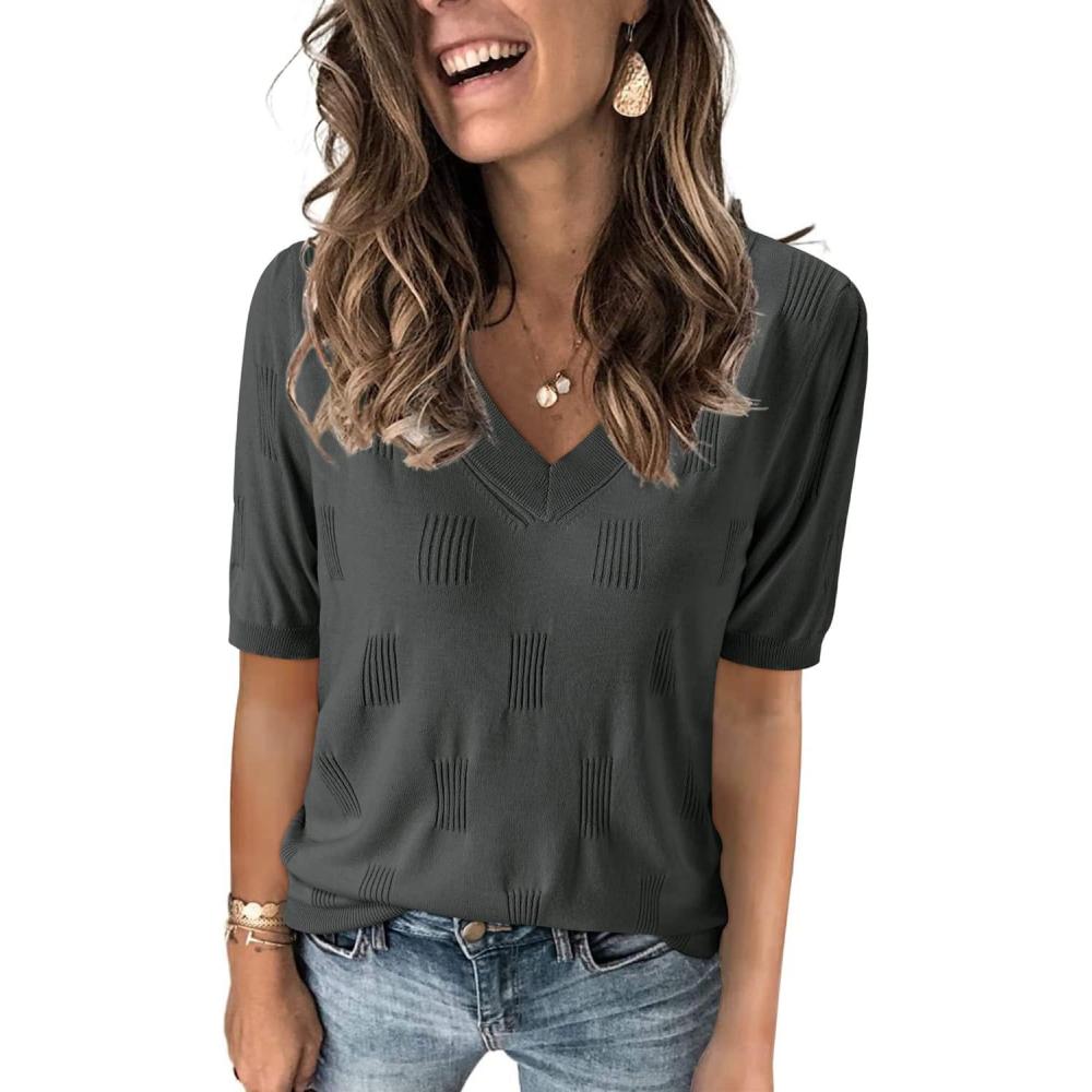 image:imageArachampCloz Womens Lightweight Spring Summer Sweater Tops Casual Short Sleeve Blouses ShirtsAzdark Grey