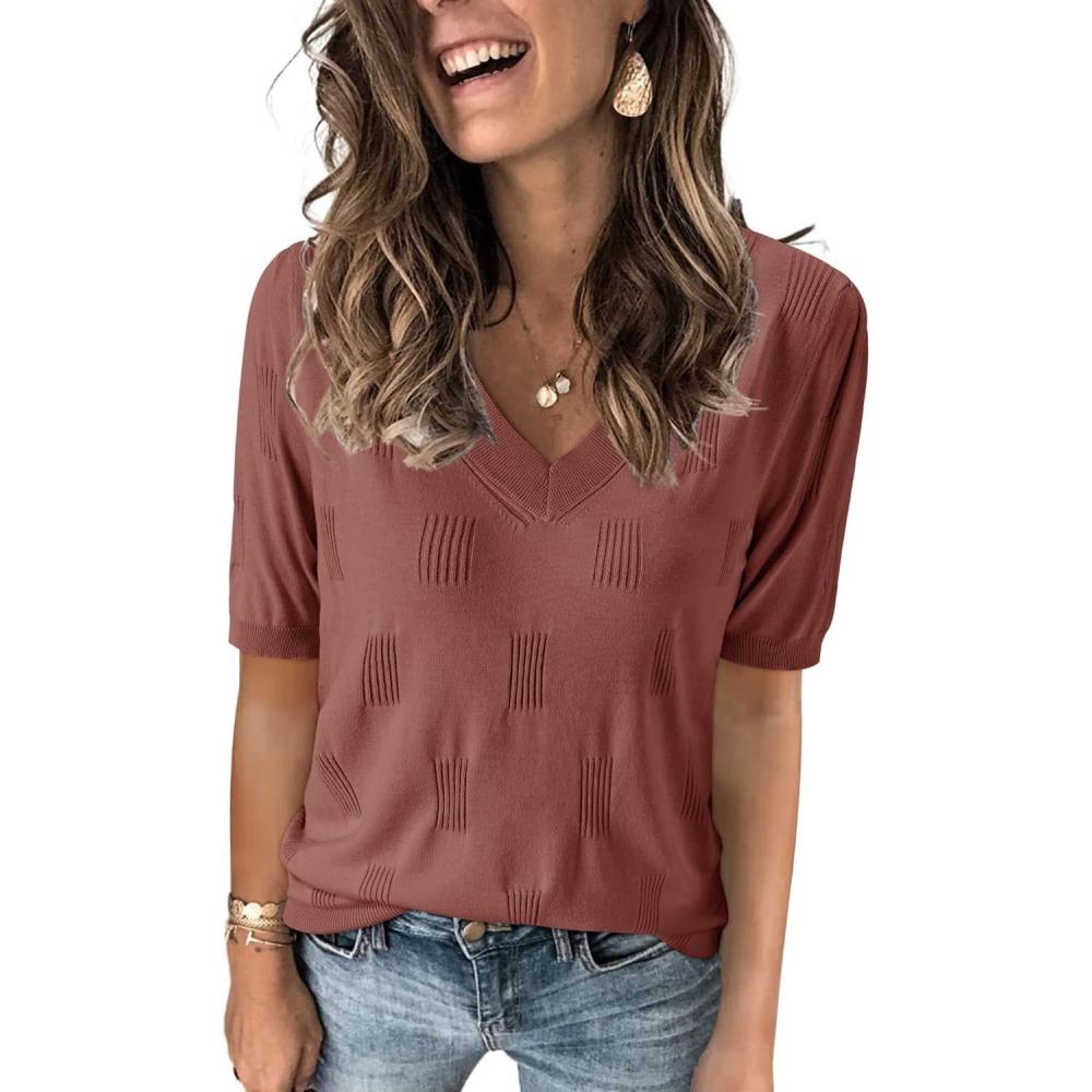 image:imageArachampCloz Womens Lightweight Spring Summer Sweater Tops Casual Short Sleeve Blouses ShirtsAzdusty Red