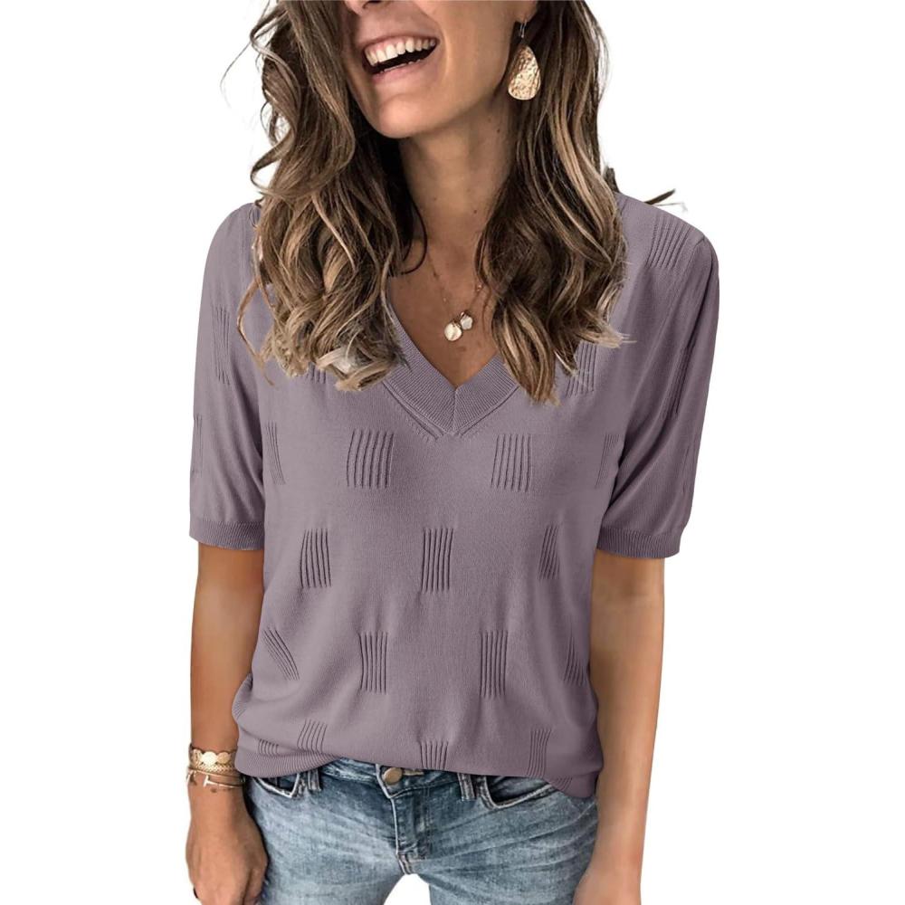 image:imageArachampCloz Womens Lightweight Spring Summer Sweater Tops Casual Short Sleeve Blouses ShirtsAzgrey Purple