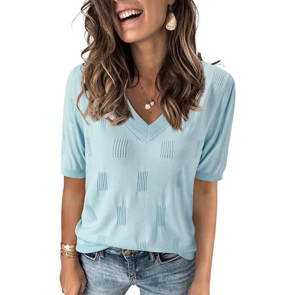 image:imageArachampCloz Womens Lightweight Spring Summer Sweater Tops Casual Short Sleeve Blouses ShirtsAzlight Blue