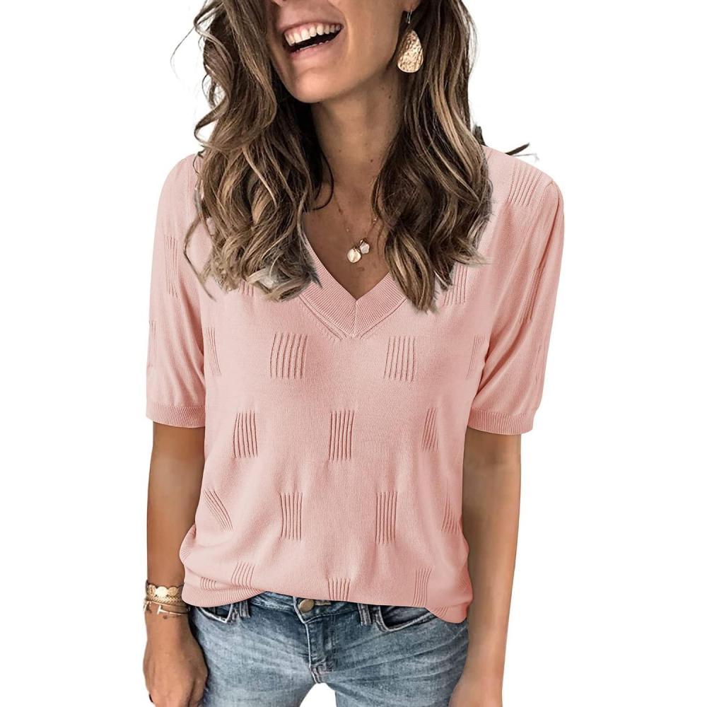 image:imageArachampCloz Womens Lightweight Spring Summer Sweater Tops Casual Short Sleeve Blouses ShirtsAzpink