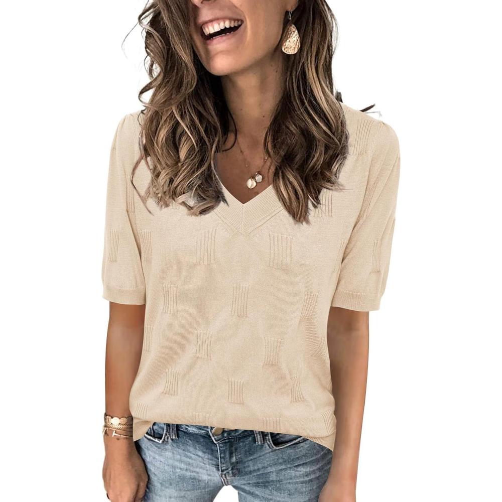 image:imageArachampCloz Womens Lightweight Spring Summer Sweater Tops Casual Short Sleeve Blouses ShirtsBapricot