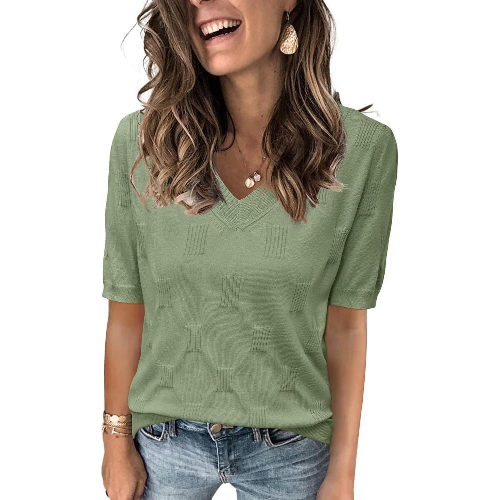 image:imageArachampCloz Womens Lightweight Spring Summer Sweater Tops Casual Short Sleeve Blouses ShirtsBsage Green