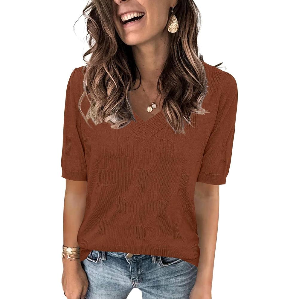 image:imageArachampCloz Womens Lightweight Spring Summer Sweater Tops Casual Short Sleeve Blouses ShirtsDark Brown