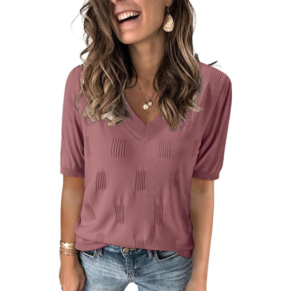 image:imageArachampCloz Womens Lightweight Spring Summer Sweater Tops Casual Short Sleeve Blouses ShirtsDusty Rose