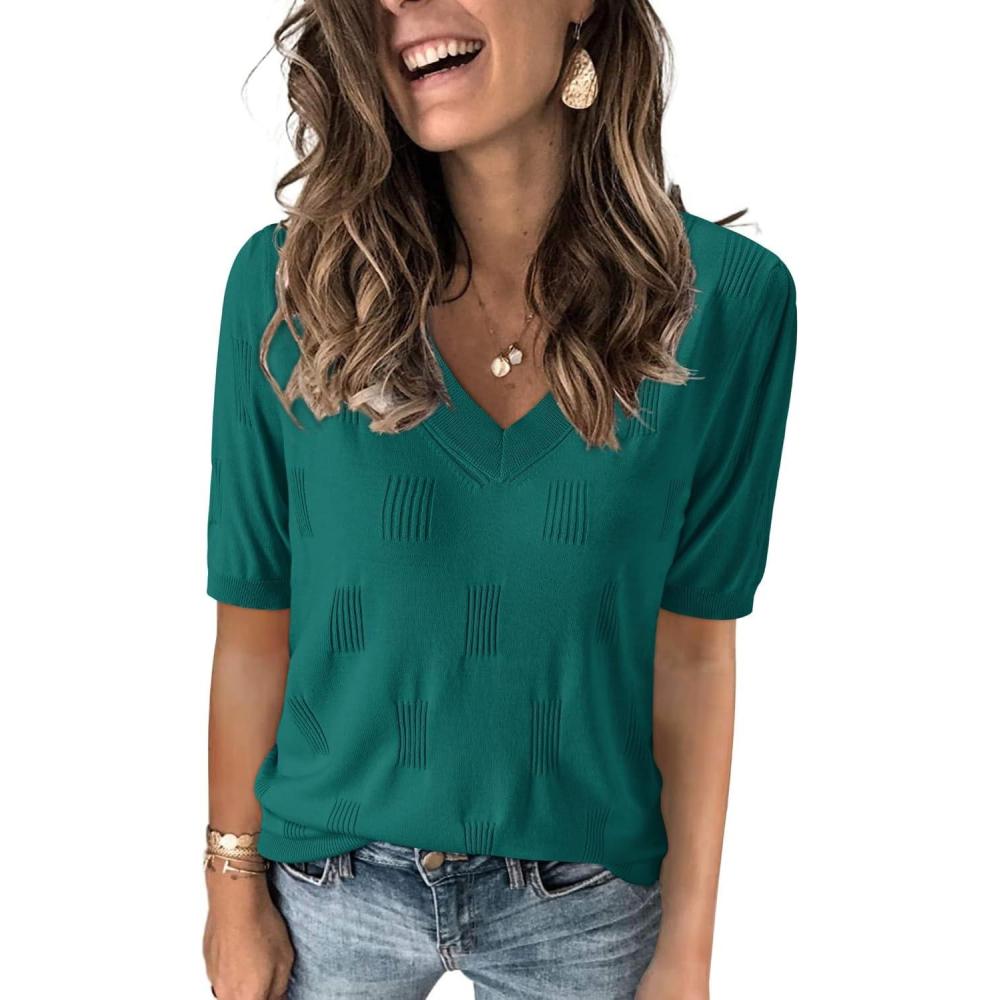 image:imageArachampCloz Womens Lightweight Spring Summer Sweater Tops Casual Short Sleeve Blouses ShirtsGreen 03