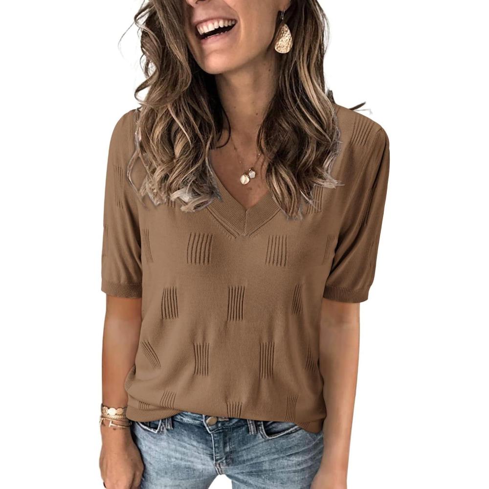 image:imageArachampCloz Womens Lightweight Spring Summer Sweater Tops Casual Short Sleeve Blouses ShirtsKhaki