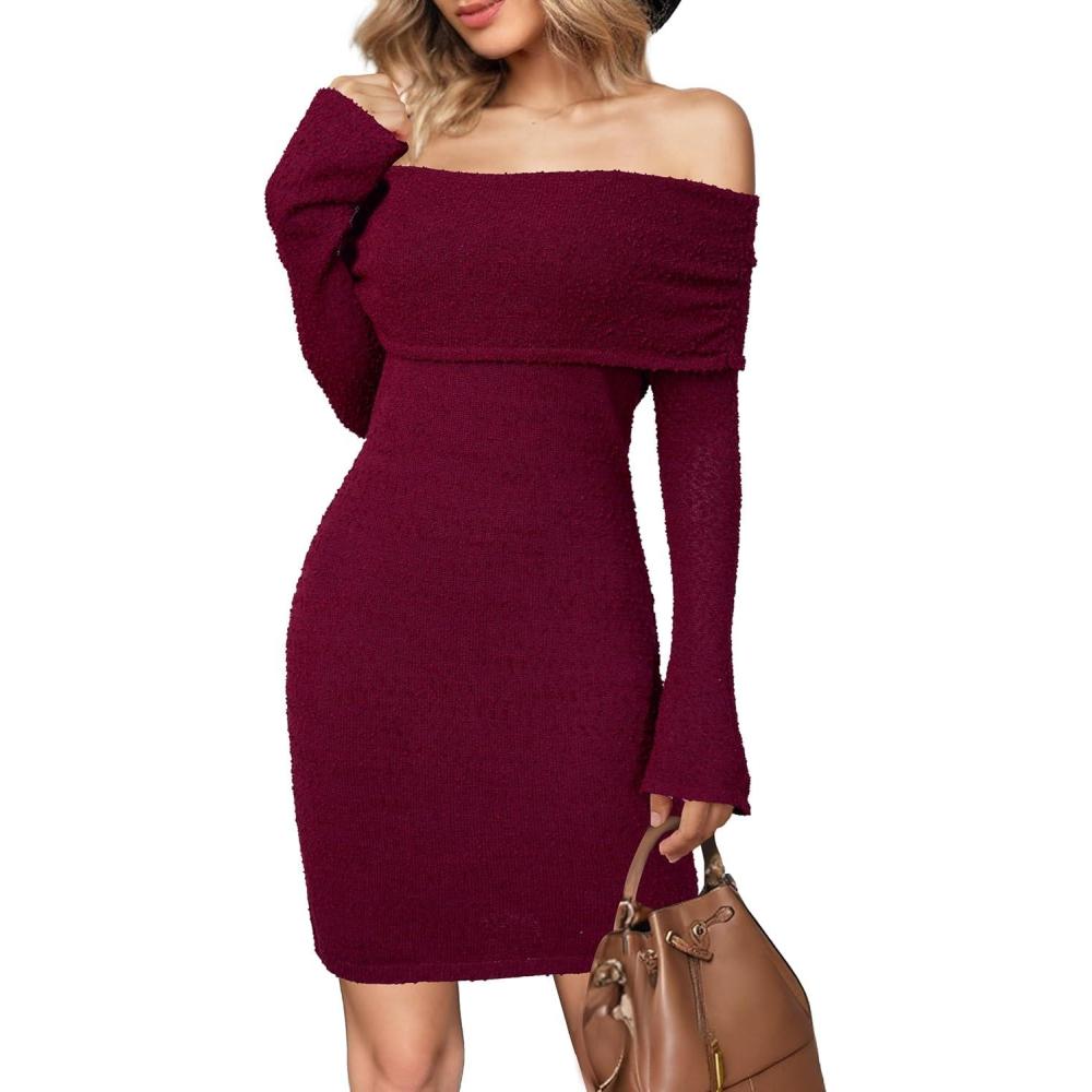 image:imageArachampCloz Womens Wool Blend Long Sleeve Off Shoulder Sweater Dresses 2025Burgundy Red