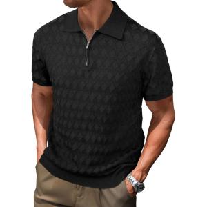 Arach&Cloz Mens Zipper Polo 3D Texture Shirts 2025 Spring Summer Fashion Knit Golf Tops Short Sleeve Dress Clothes(Black)