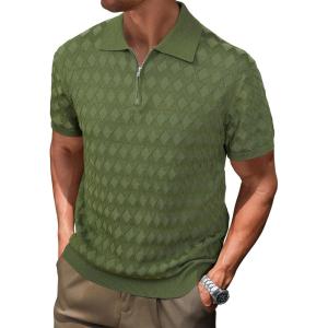 Arach&Cloz Mens Zipper Polo 3D Texture Shirts 2025 Spring Summer Fashion Knit Golf Tops Short Sleeve Dress Clothes(Lucky Green)