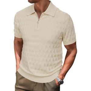Arach&Cloz Mens Zipper Polo 3D Texture Shirts 2025 Spring Summer Fashion Knit Golf Tops Short Sleeve Dress Clothes(Muted Apricot)