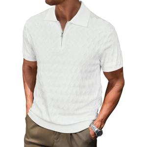 Arach&Cloz Mens Zipper Polo 3D Texture Shirts 2025 Spring Summer Fashion Knit Golf Tops Short Sleeve Dress Clothes(White)
