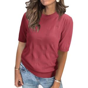 Arach&Cloz Women’s Lightweight Blouse Short Sleeve Crew Neck Sweaters Business Casual Tops Spring Summer Outfits 2026(Dusty Red)