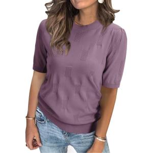 Arach&Cloz Women’s Lightweight Blouse Short Sleeve Crew Neck Sweaters Business Casual Tops Spring Summer Outfits 2026(Grey Purple)