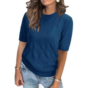Arach&Cloz Women’s Lightweight Blouse Short Sleeve Crew Neck Sweaters Business Casual Tops Spring Summer Outfits 2026(Lake Blue)