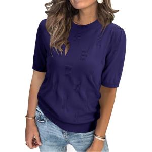 Arach&Cloz Women’s Lightweight Blouse Short Sleeve Crew Neck Sweaters Business Casual Tops Spring Summer Outfits 2026(Navy)
