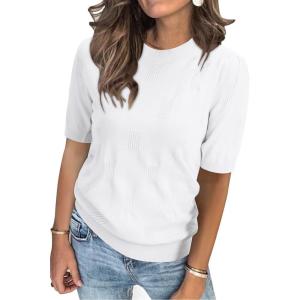 Arach&Cloz Women’s Lightweight Blouse Short Sleeve Crew Neck Sweaters Business Casual Tops Spring Summer Outfits 2026(Off-white)
