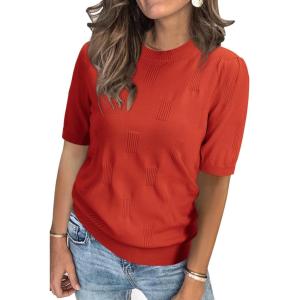 Arach&Cloz Women’s Lightweight Blouse Short Sleeve Crew Neck Sweaters Business Casual Tops Spring Summer Outfits 2026(Rust)