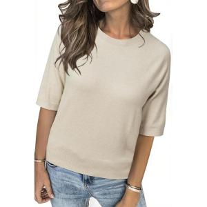 Arach&Cloz Women’s Lightweight Blouse Short Sleeve Crew Neck Sweaters Business Casual Tops Spring Summer Outfits 2026(Z-khaki)