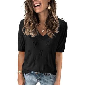 Arach&Cloz Women’s Lightweight Spring Summer Sweater Tops Casual Short Sleeve Blouses Shirts(Az-black)