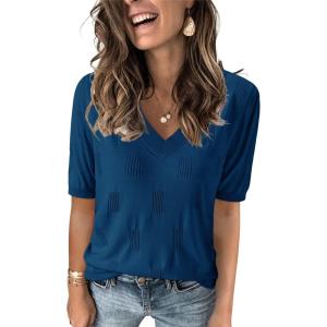 Arach&Cloz Women’s Lightweight Spring Summer Sweater Tops Casual Short Sleeve Blouses Shirts(Az-dark Blue)