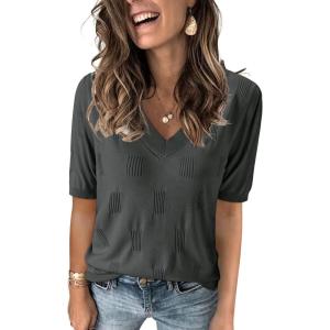 Arach&Cloz Women’s Lightweight Spring Summer Sweater Tops Casual Short Sleeve Blouses Shirts(Az-dark Grey)