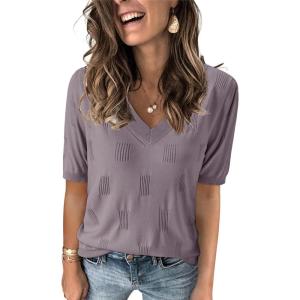 Arach&Cloz Women’s Lightweight Spring Summer Sweater Tops Casual Short Sleeve Blouses Shirts(Az-grey Purple)