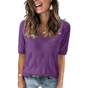 Arach&Cloz Women’s Lightweight Spring Summer Sweater Tops Casual Short Sleeve Blouses Shirts(Az-purple)