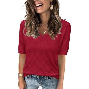 Arach&Cloz Women’s Lightweight Spring Summer Sweater Tops Casual Short Sleeve Blouses Shirts(B-red)