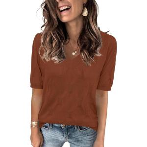 Arach&Cloz Women’s Lightweight Spring Summer Sweater Tops Casual Short Sleeve Blouses Shirts(Dark Brown)