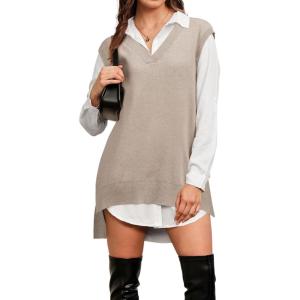 Arach&Cloz Women’s Wool Blend Side Slit High Low Versatile V Neck Fall Sweater Vests 2025(Apricot Oatmeal)