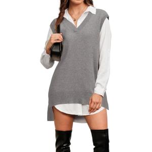 Arach&Cloz Women’s Wool Blend Side Slit High Low Versatile V Neck Fall Sweater Vests 2025(Grey)
