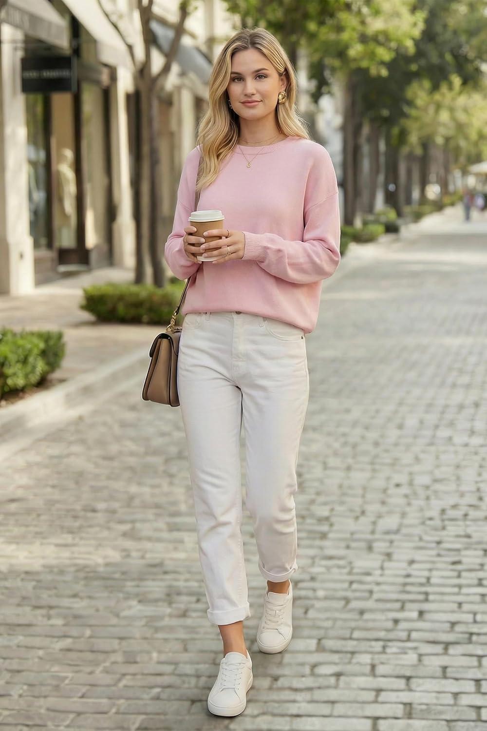 image:imageArachampCloz Womens 100 Cotton Sweaters Spring Summer Casual Relaxed Fit Cozy Sweatshirt Tops 2026Light Pink