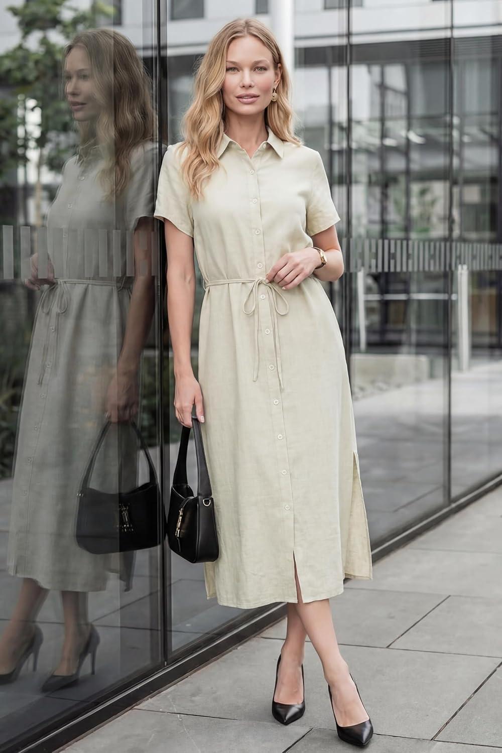 image:imageArachampCloz Womens Linen with Pockets Midi Summer Spring Shirt Dress 2026Beige