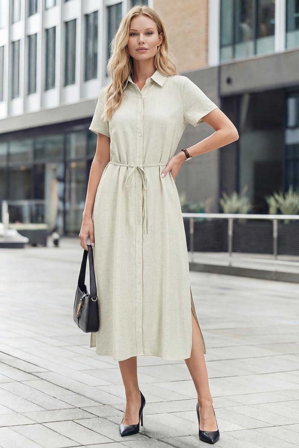 image:imageArachampCloz Womens Linen with Pockets Midi Summer Spring Shirt Dress 2026Beige
