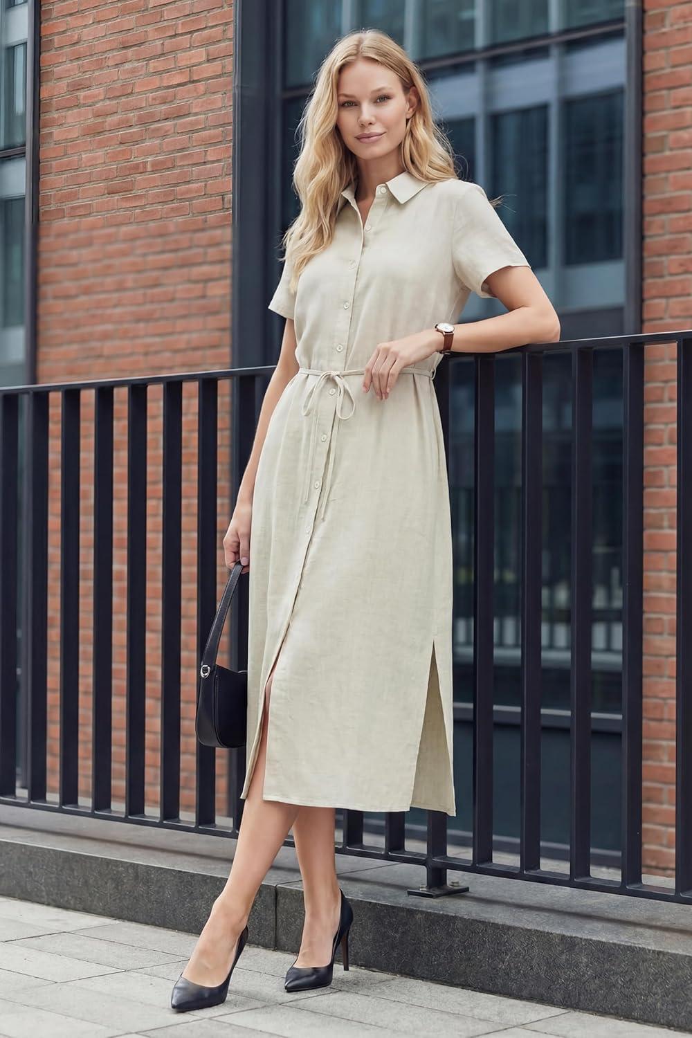image:imageArachampCloz Womens Linen with Pockets Midi Summer Spring Shirt Dress 2026Beige