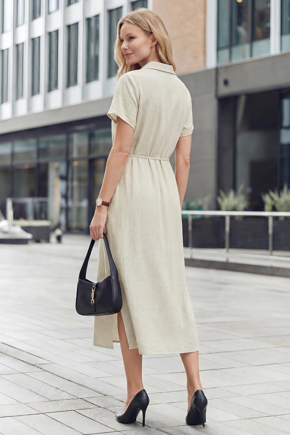 image:imageArachampCloz Womens Linen with Pockets Midi Summer Spring Shirt Dress 2026Beige
