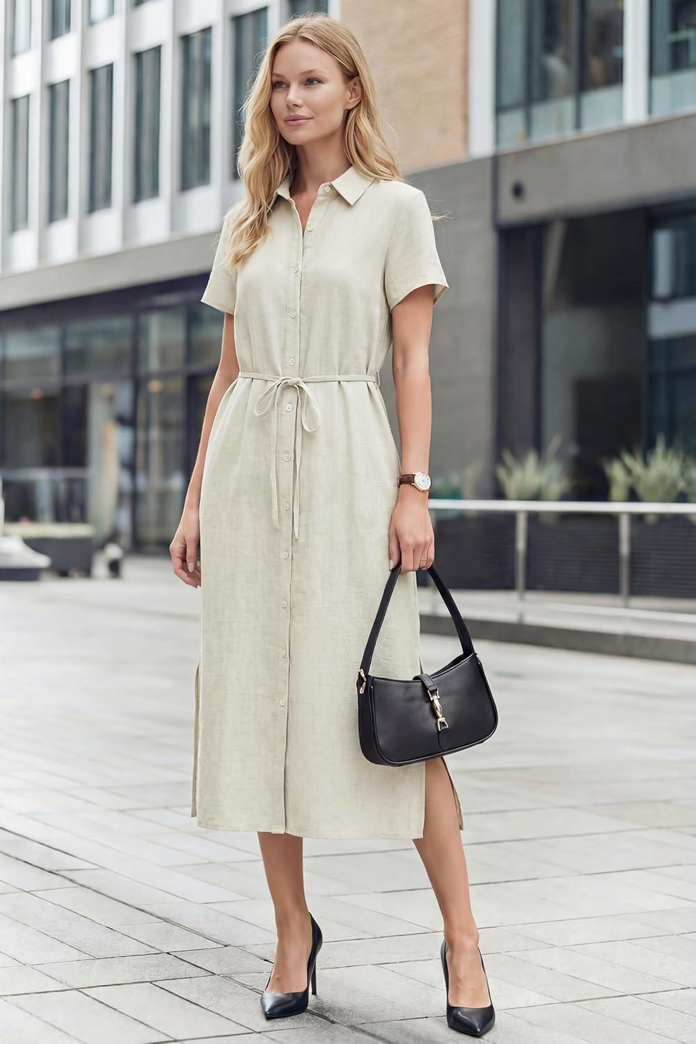 image:imageArachampCloz Womens Linen with Pockets Midi Summer Spring Shirt Dress 2026Beige