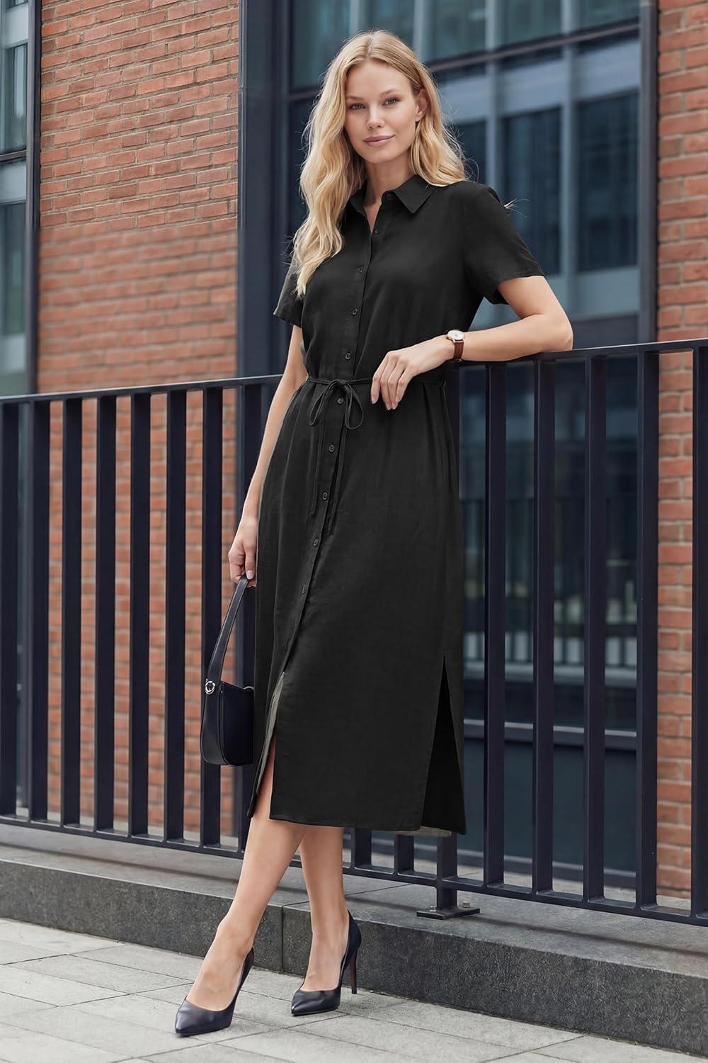image:imageArachampCloz Womens Linen with Pockets Midi Summer Spring Shirt Dress 2026Black